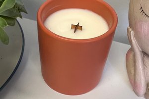 12oz Orange Patchoili Ceramic Hand Poured Wooden X Wick Coconut Soy Wax Candle