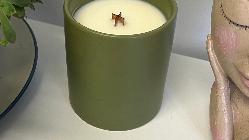 12oz Orange Patchoili Ceramic Hand Poured Wooden X Wick Coconut Soy Wax Candle