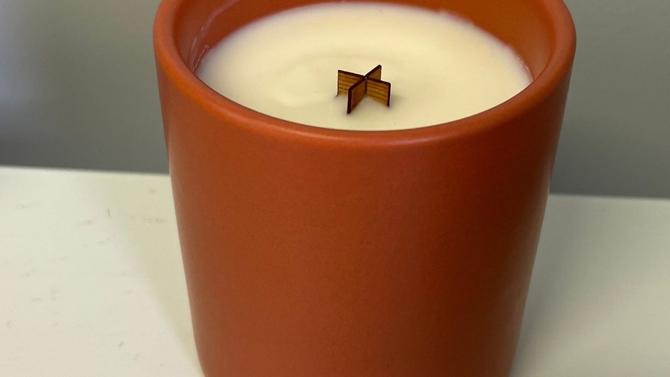 12oz Orange Patchoili Ceramic Hand Poured Wooden X Wick Coconut Soy Wax Candle
