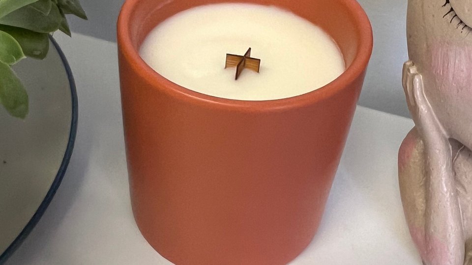 12oz Orange Patchoili Ceramic Hand Poured Wooden X Wick Coconut Soy Wax Candle